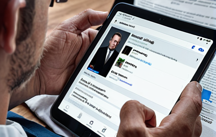 ** A person analyzing information critically from various sources (especially social media) on a digital device, emphasizing fact-checking.
**